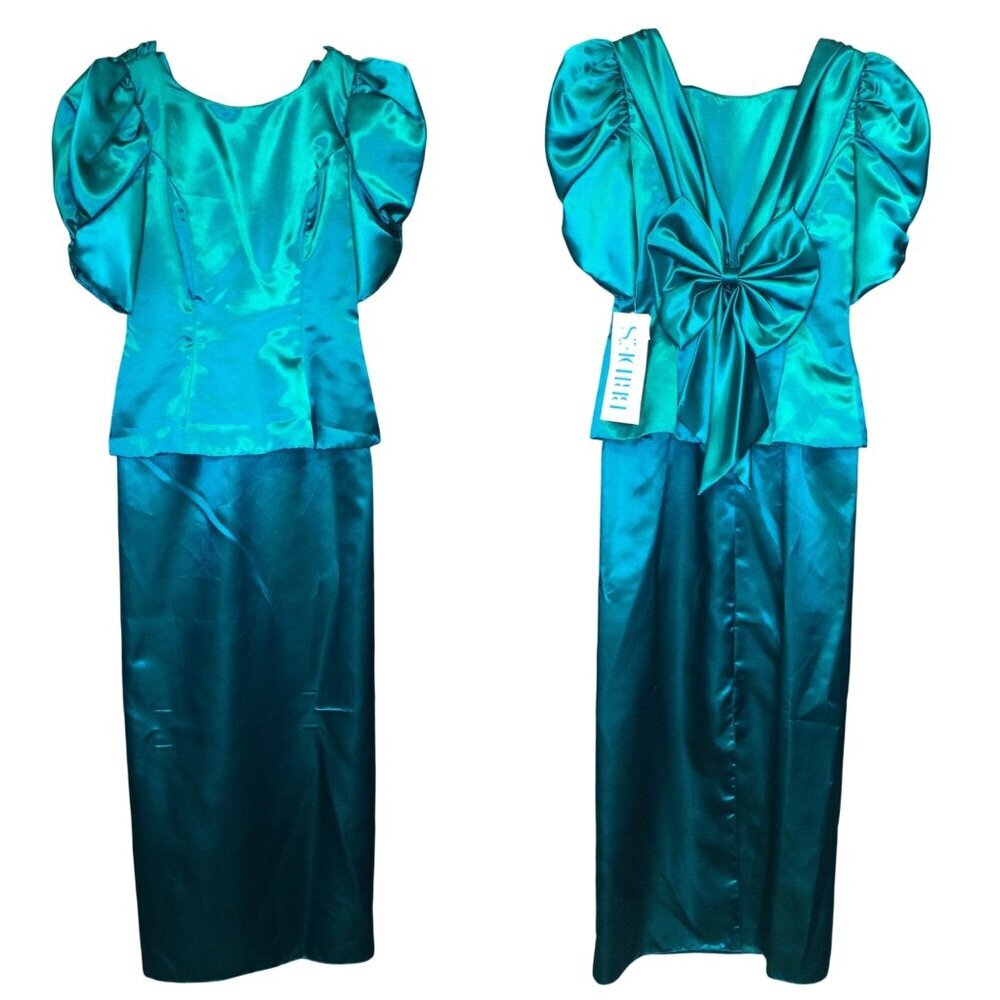 Vintage Teal Satin Puff Sleeve Formal Prom Dress Big Bow Size 9/10 Bridesmaid